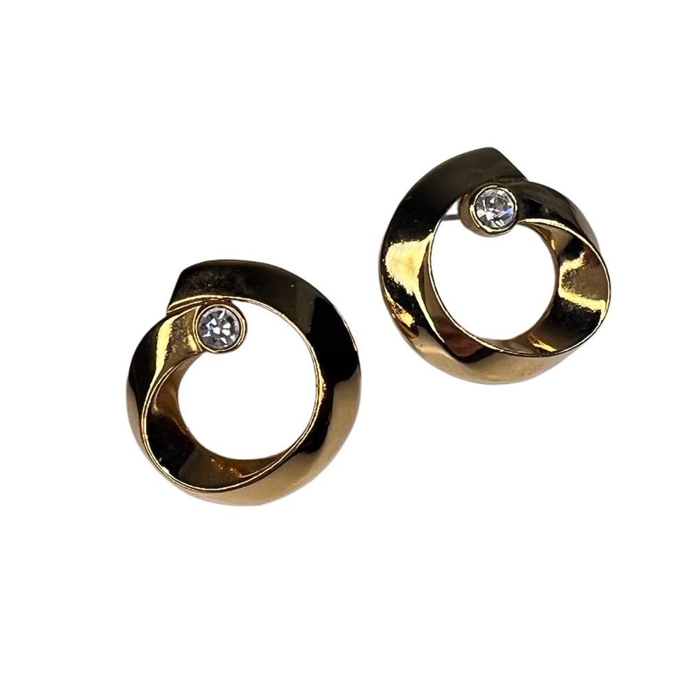 Vintage AVON 1987 "Ribbon Sparkle" Gold Tone & Rhinestone Pierced Earrings